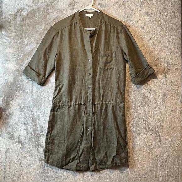 James Perse 100% Linen Drawstring Shirt Dress Greystone Sage Green Size 3 Large - Picture 1 of 7